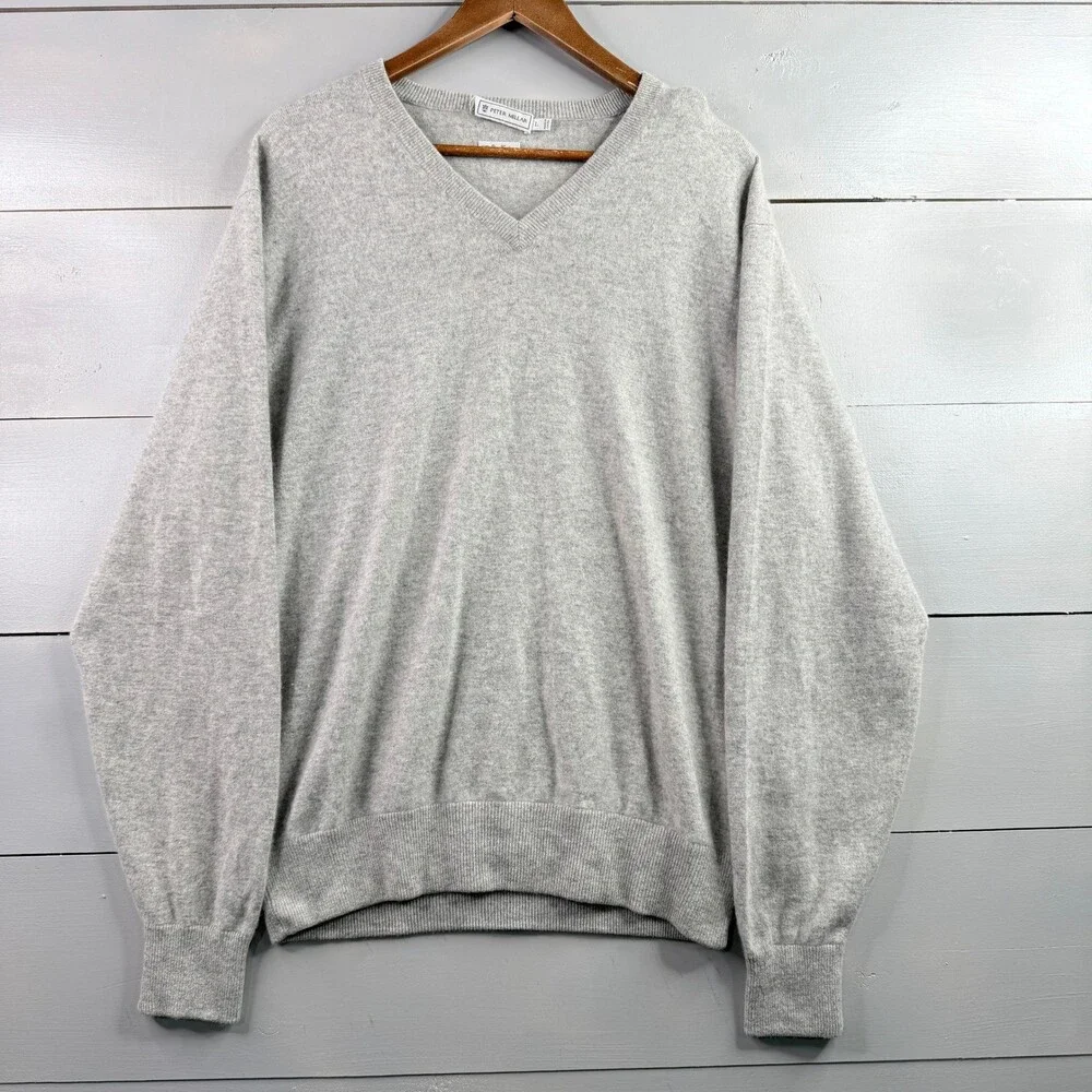 Peter Millar Sweater Mens Large Gray V Neck 100% Luxe Cashmere Pullover